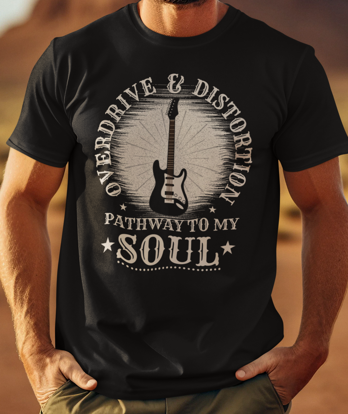 Overdrive & Distortion Guitar T-Shirt — Retro Stratocaster Design