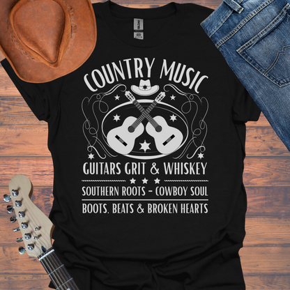 Country Music Whisky Label T-Shirt — Guitars, Grit & Cowboy Hat
