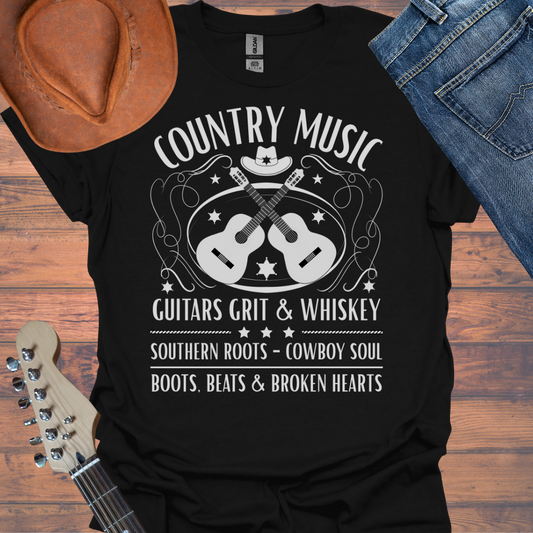 Country Music Whisky Label T-Shirt — Guitars, Grit & Cowboy Hat