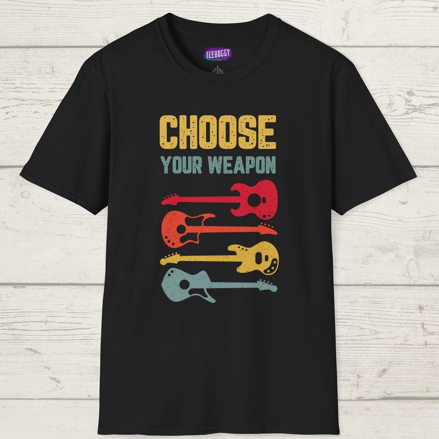 Guitar T-Shirt with 'Choose Your Weapon' Slogan