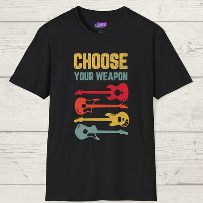Guitar T-Shirt with 'Choose Your Weapon' Slogan