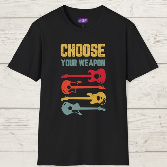 Guitar T-Shirt with 'Choose Your Weapon' Slogan