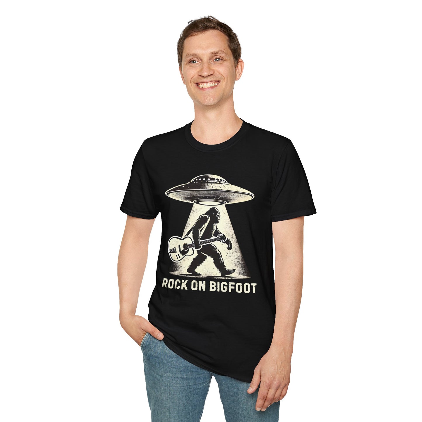 Bigfoot Guitar Tee — UFO Searchlight Humorous Sasquatch T-Shirt