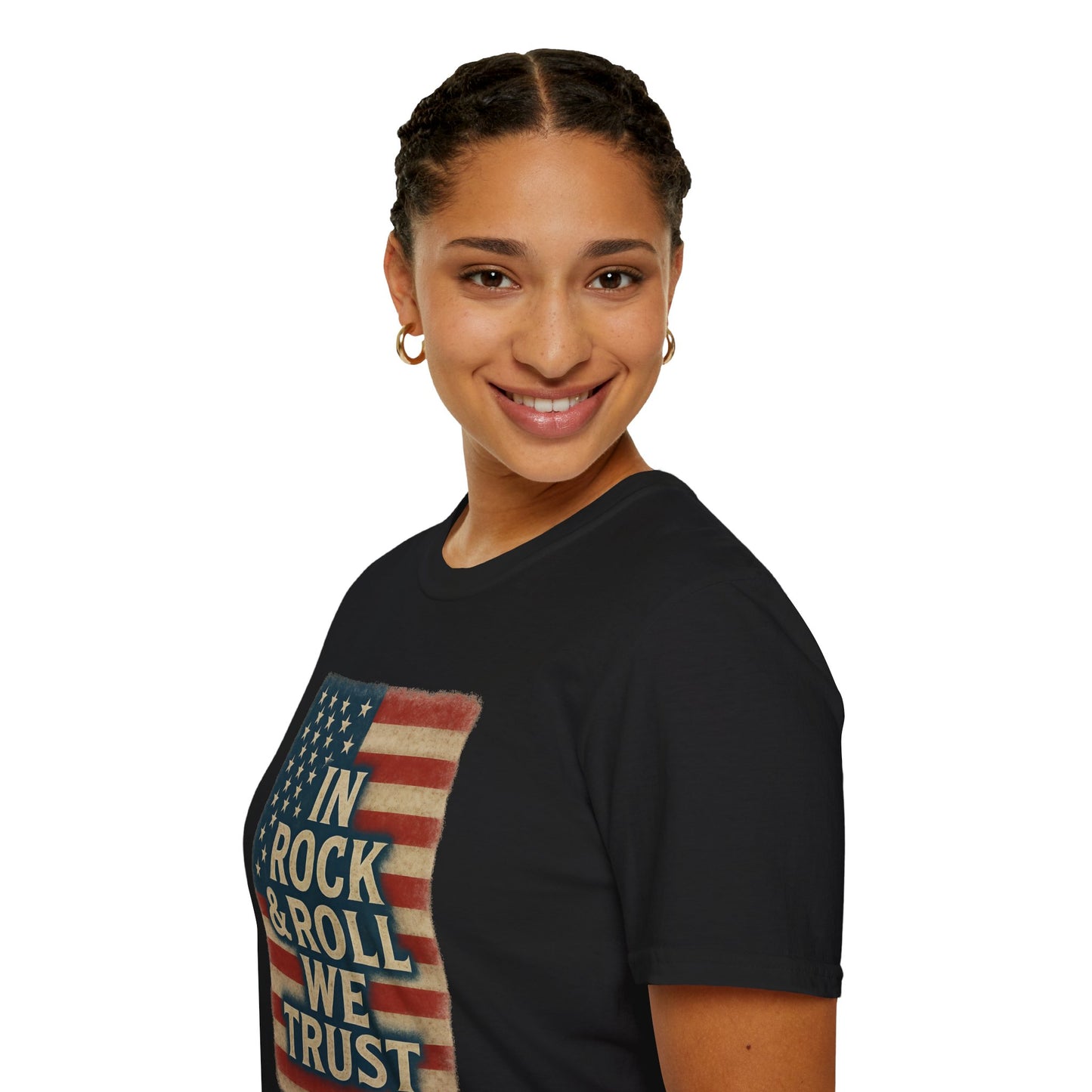 Rock & Roll T-Shirt — "In Rock & Roll We Trust" USA Flag Patriotic Tee