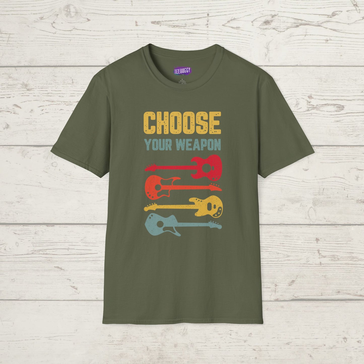 Guitar T-Shirt with 'Choose Your Weapon' Slogan
