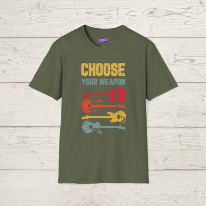 Guitar T-Shirt with 'Choose Your Weapon' Slogan