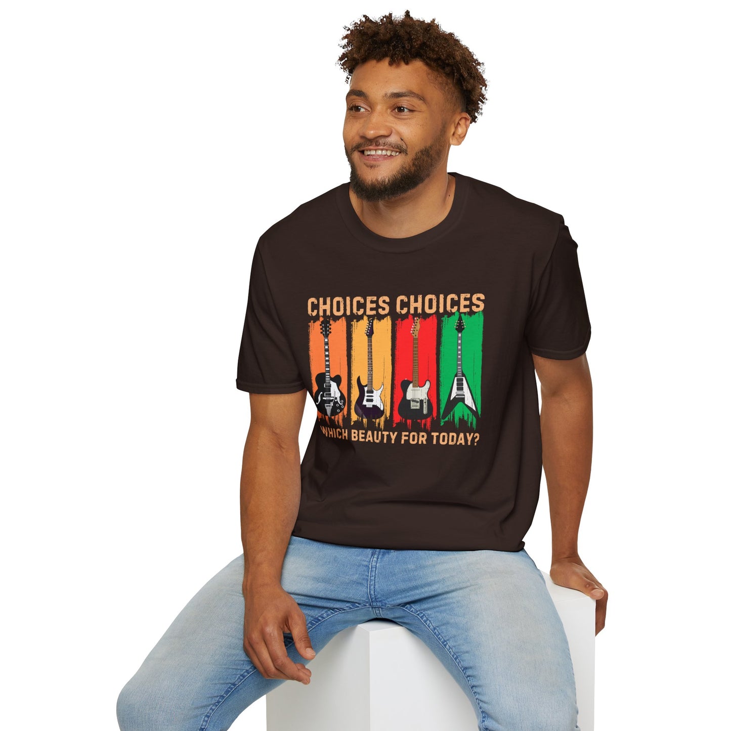 Rock Guitar T‑Shirt — "Choices Choices, Which Beauty for Today" Retro Guitar Types