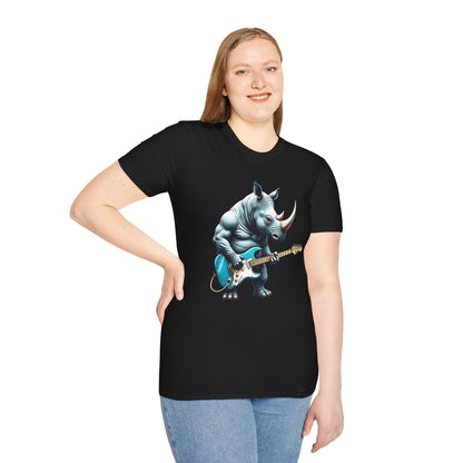 Rock Guitar Rhino T-Shirt — Rhinoceros Playing Electric Guitar Graphic Tee
