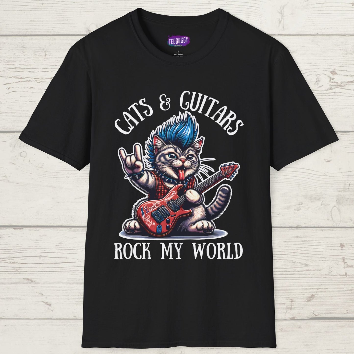 Rocker Cat T-Shirt with 'Cats & Guitars Rock My World' Slogan