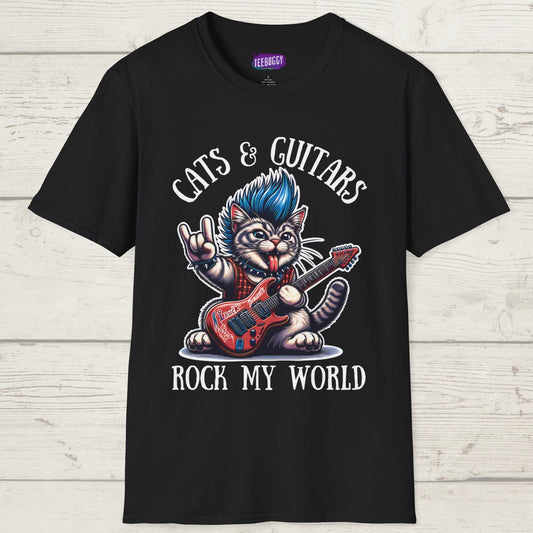 Rocker Cat T-Shirt with 'Cats & Guitars Rock My World' Slogan