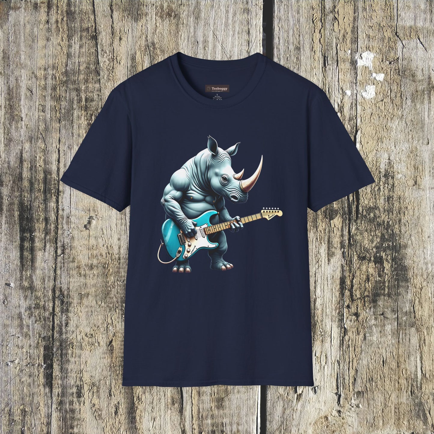 Rock Guitar Rhino T-Shirt — Rhinoceros Playing Electric Guitar Graphic Tee