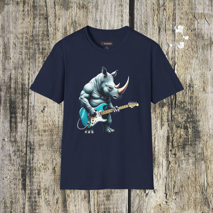 Rock Guitar Rhino T-Shirt — Rhinoceros Playing Electric Guitar Graphic Tee