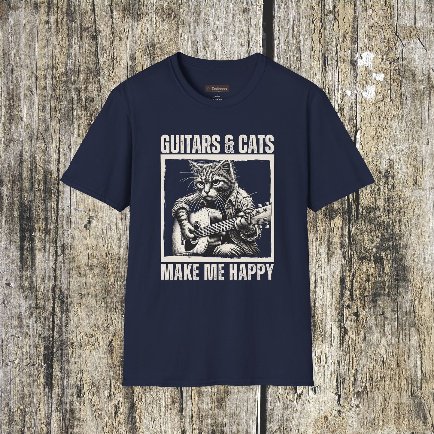 Guitars & Cats Make Me Happy T-Shirt — Cool Cat Playing Guitar Tee