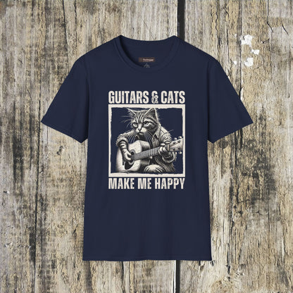 Guitars & Cats Make Me Happy T-Shirt — Cool Cat Playing Guitar Tee