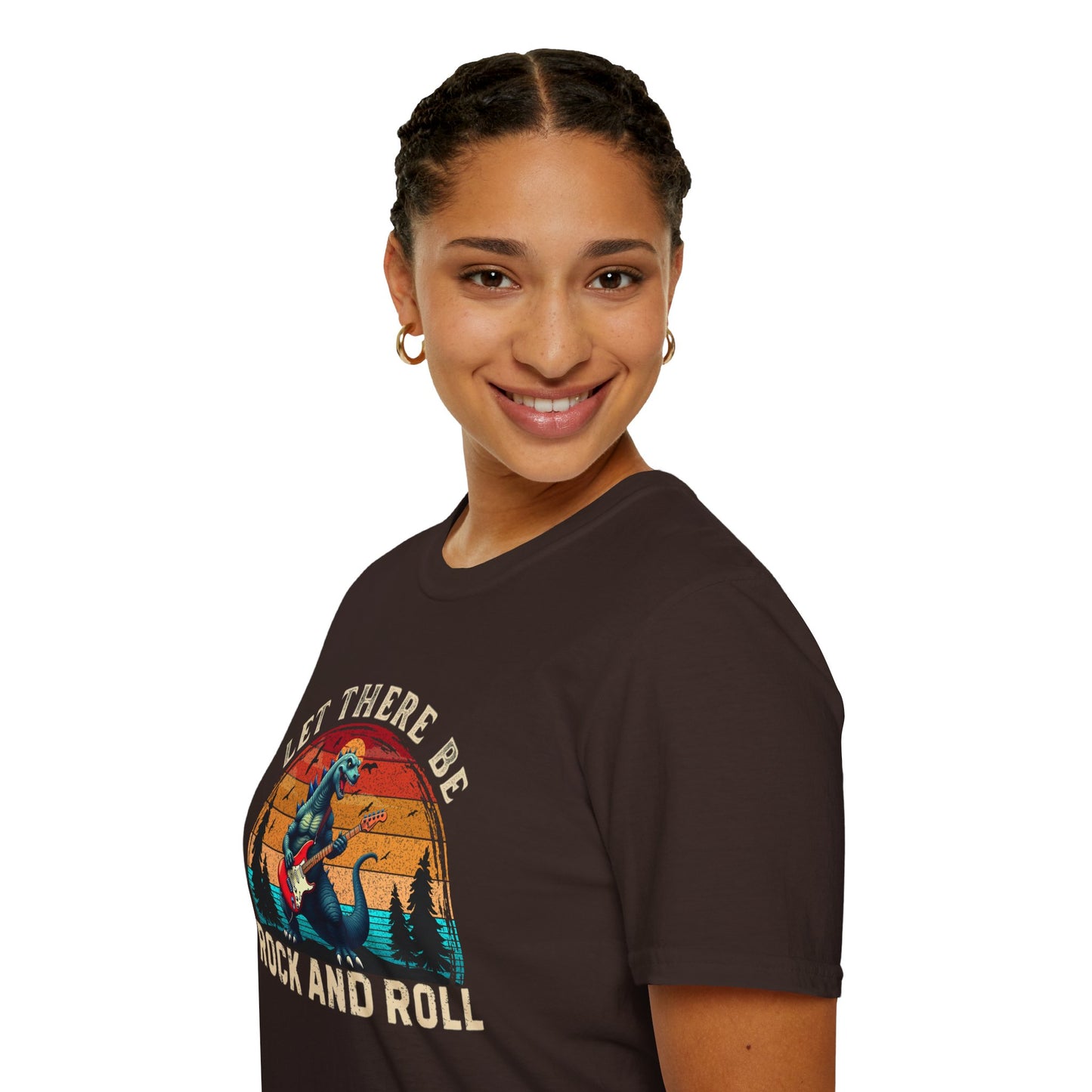 Rock & Roll Dinosaur T-Shirt — "Let There Be Rock and Roll" Guitar Dino Tee