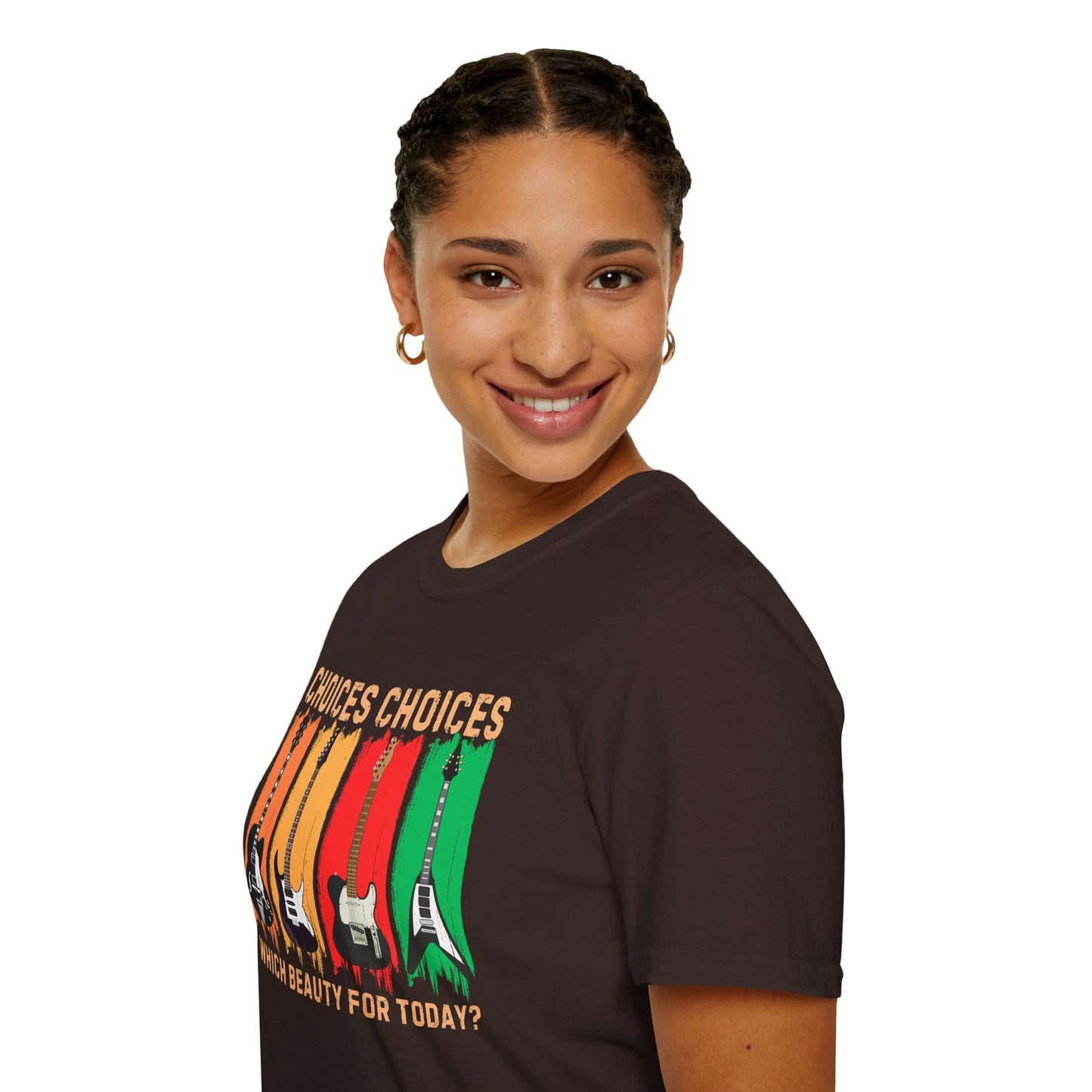 Rock Guitar T‑Shirt — "Choices Choices, Which Beauty for Today" Retro Guitar Types