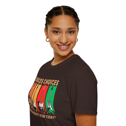 Rock Guitar T‑Shirt — "Choices Choices, Which Beauty for Today" Retro Guitar Types