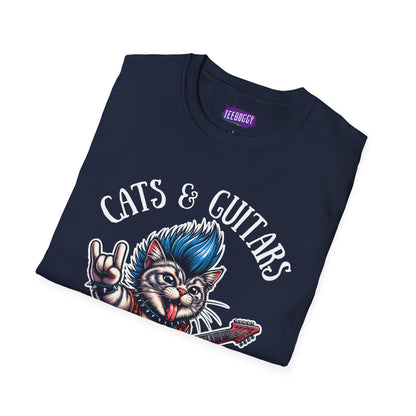 Rocker Cat T-Shirt with 'Cats & Guitars Rock My World' Slogan