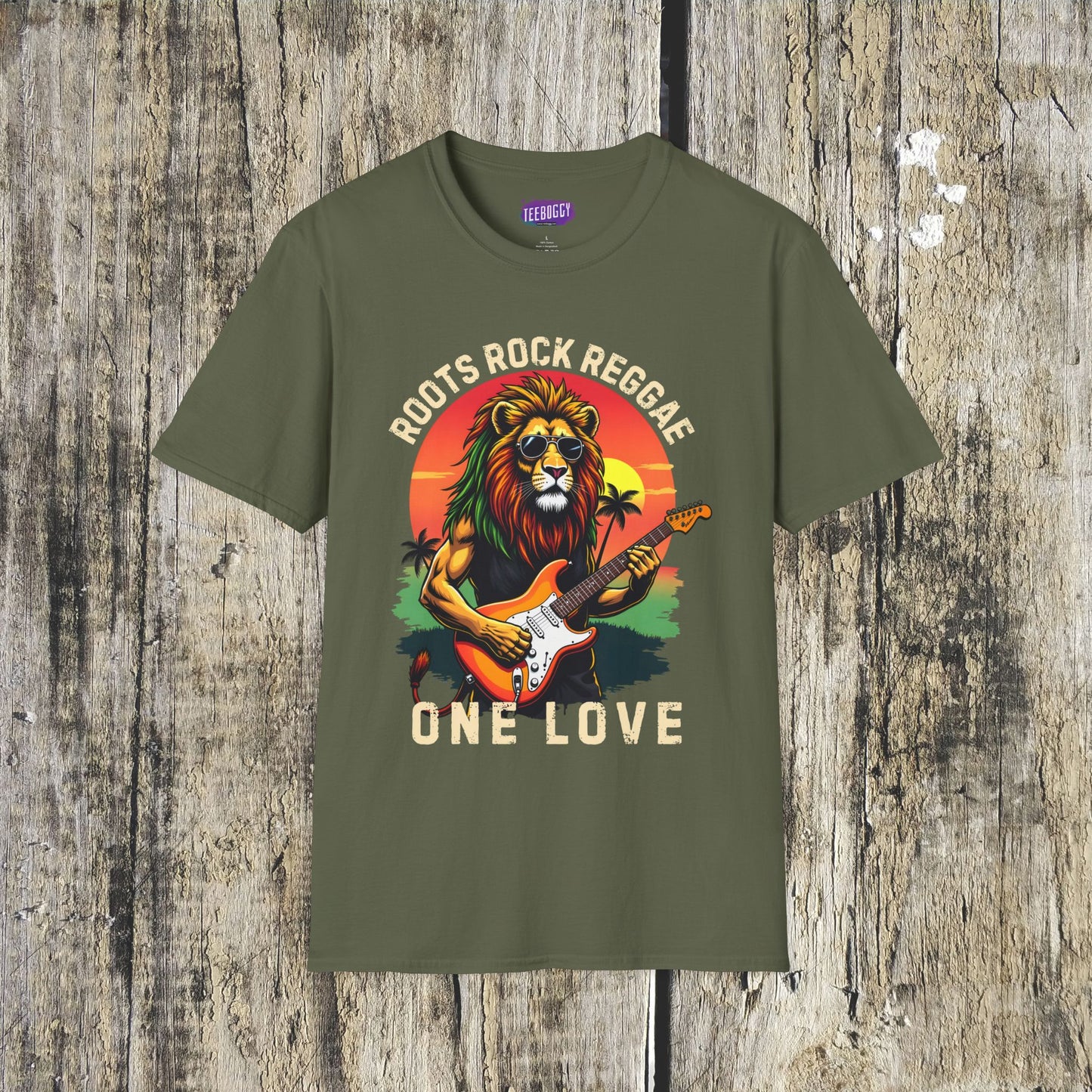 Graphic T-Shirt - Zion Lion Rock Guitar Retro Sunset with Roots Rock Reggae & One Love Slogans