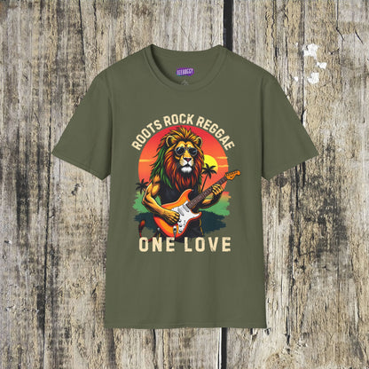 Graphic T-Shirt - Zion Lion Rock Guitar Retro Sunset with Roots Rock Reggae & One Love Slogans