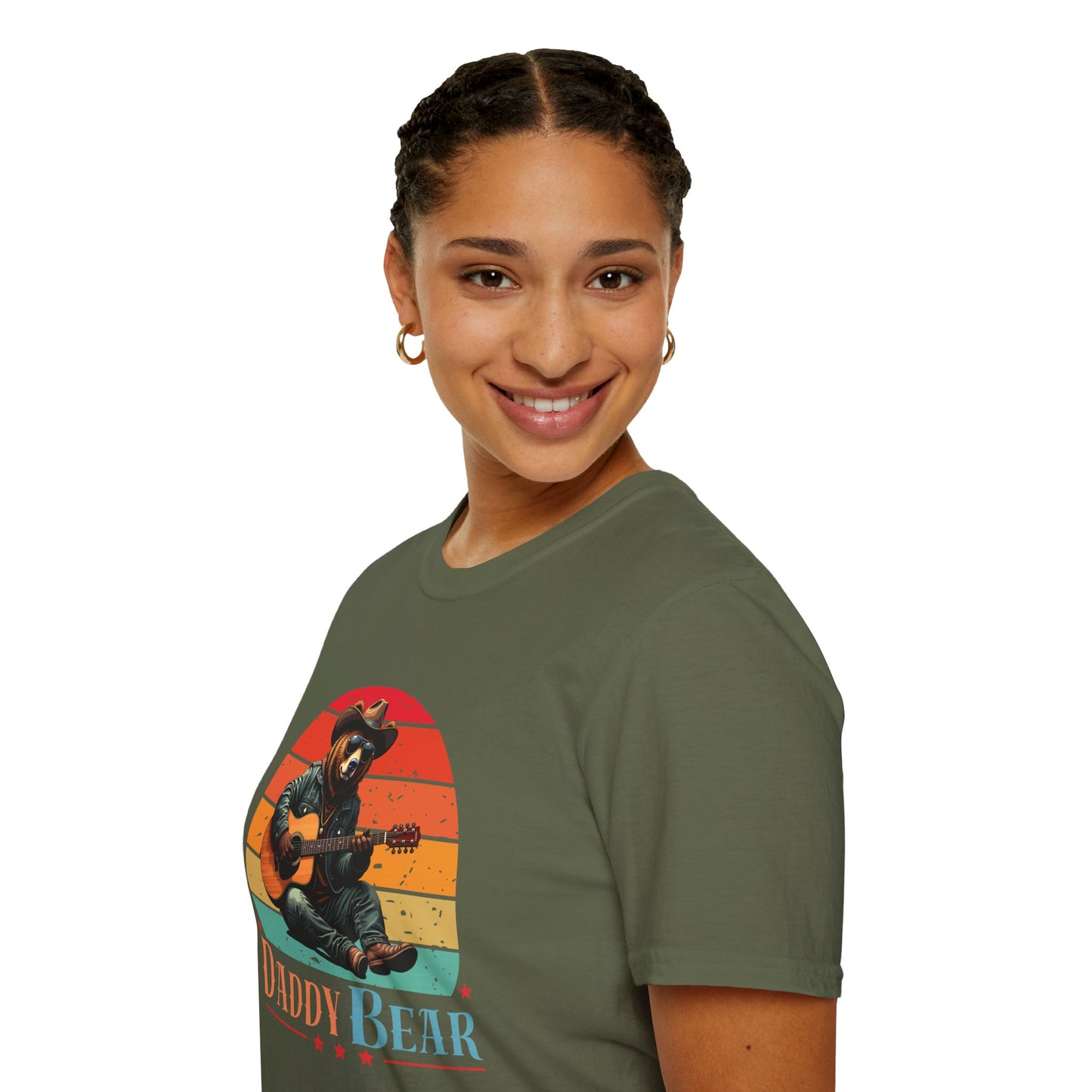 Daddy Bear T-Shirt — Grizzly Dad Playing Acoustic Guitar Retro Sun Design