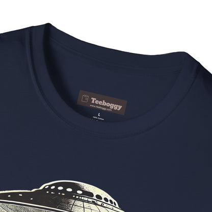 Bigfoot Guitar Tee — UFO Searchlight Humorous Sasquatch T-Shirt