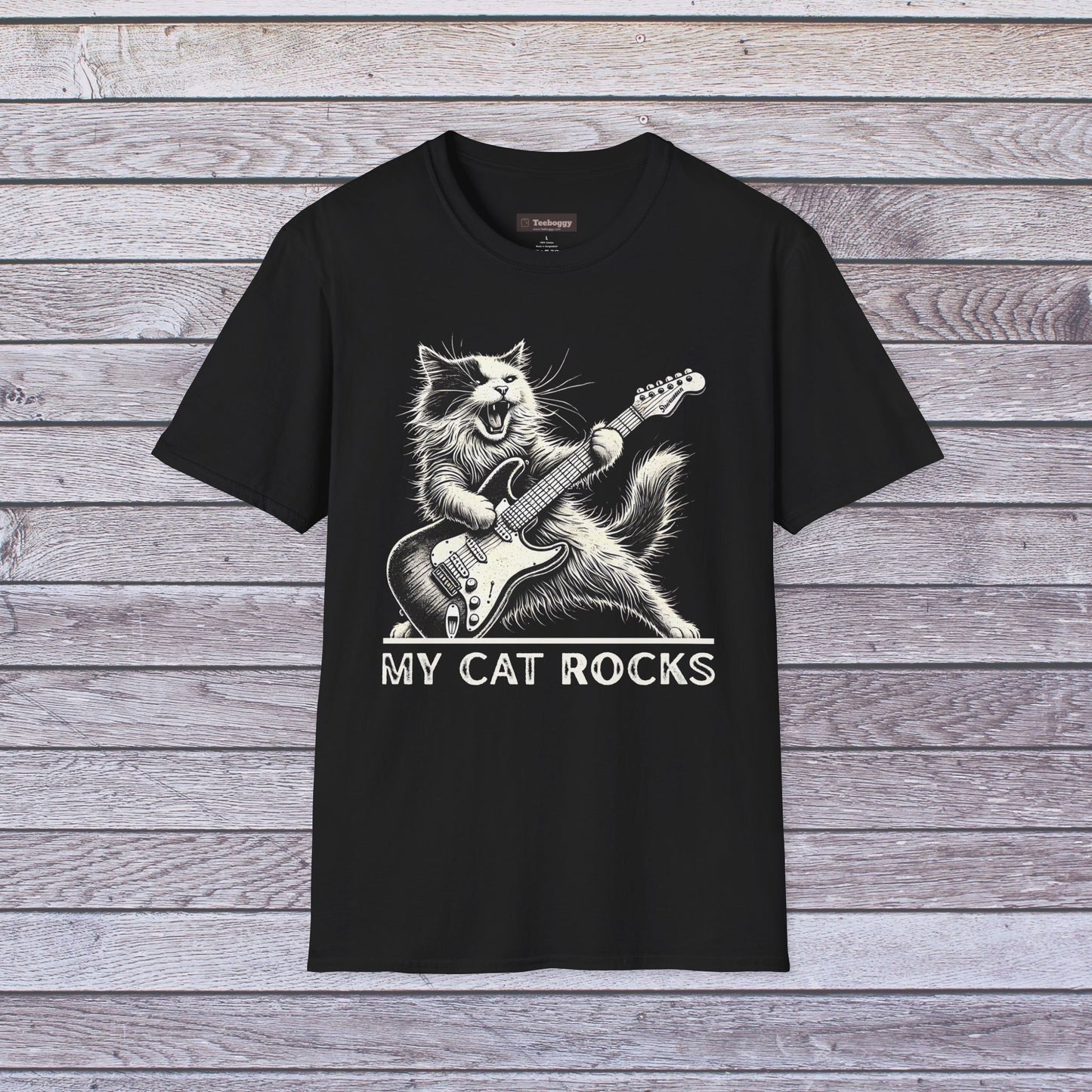 My Cat Rocks T-Shirt — Cat Playing Guitar Tee for Music Lovers