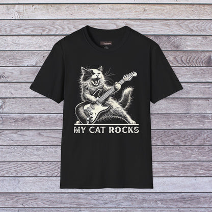 My Cat Rocks T-Shirt — Cat Playing Guitar Tee for Music Lovers