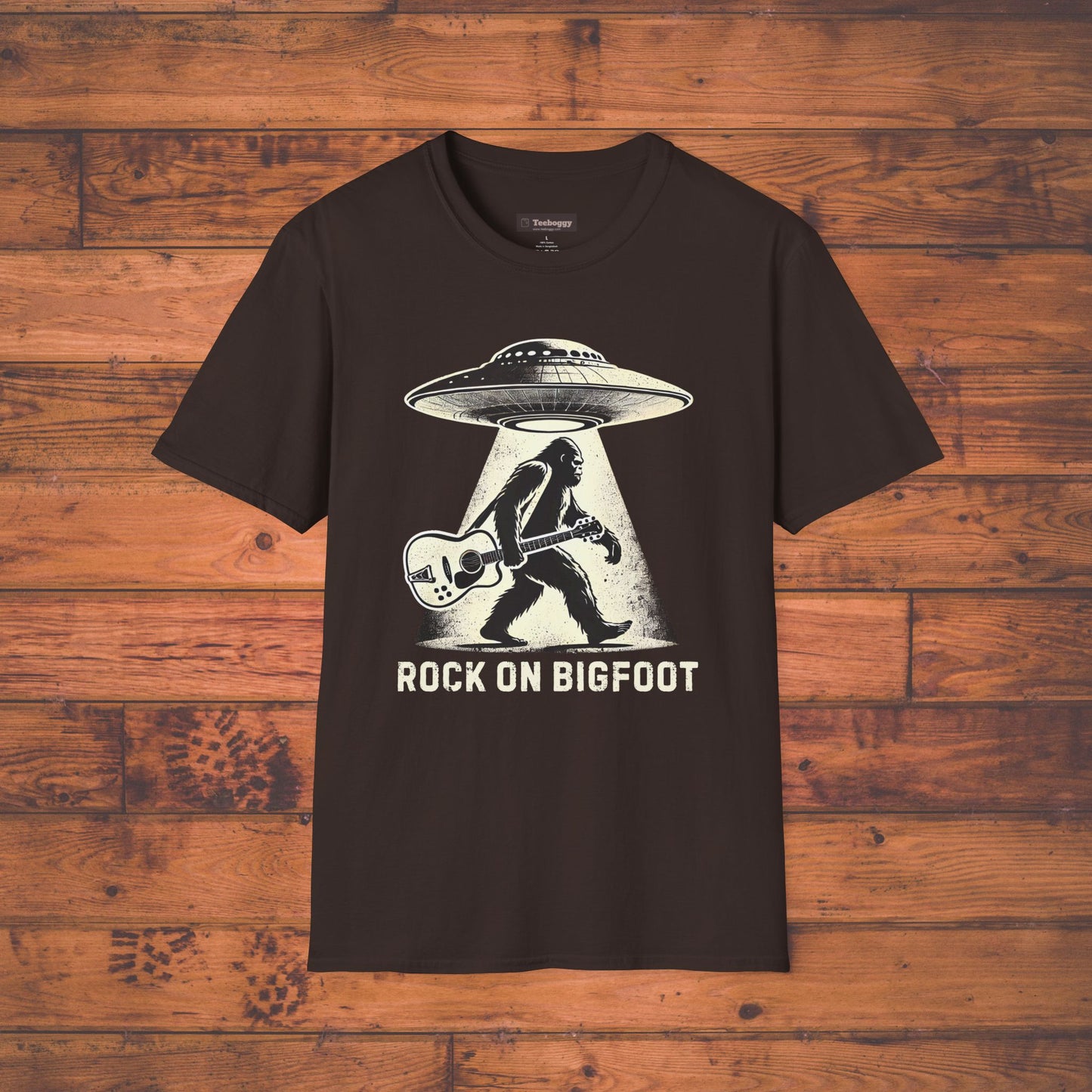Bigfoot Guitar Tee — UFO Searchlight Humorous Sasquatch T-Shirt