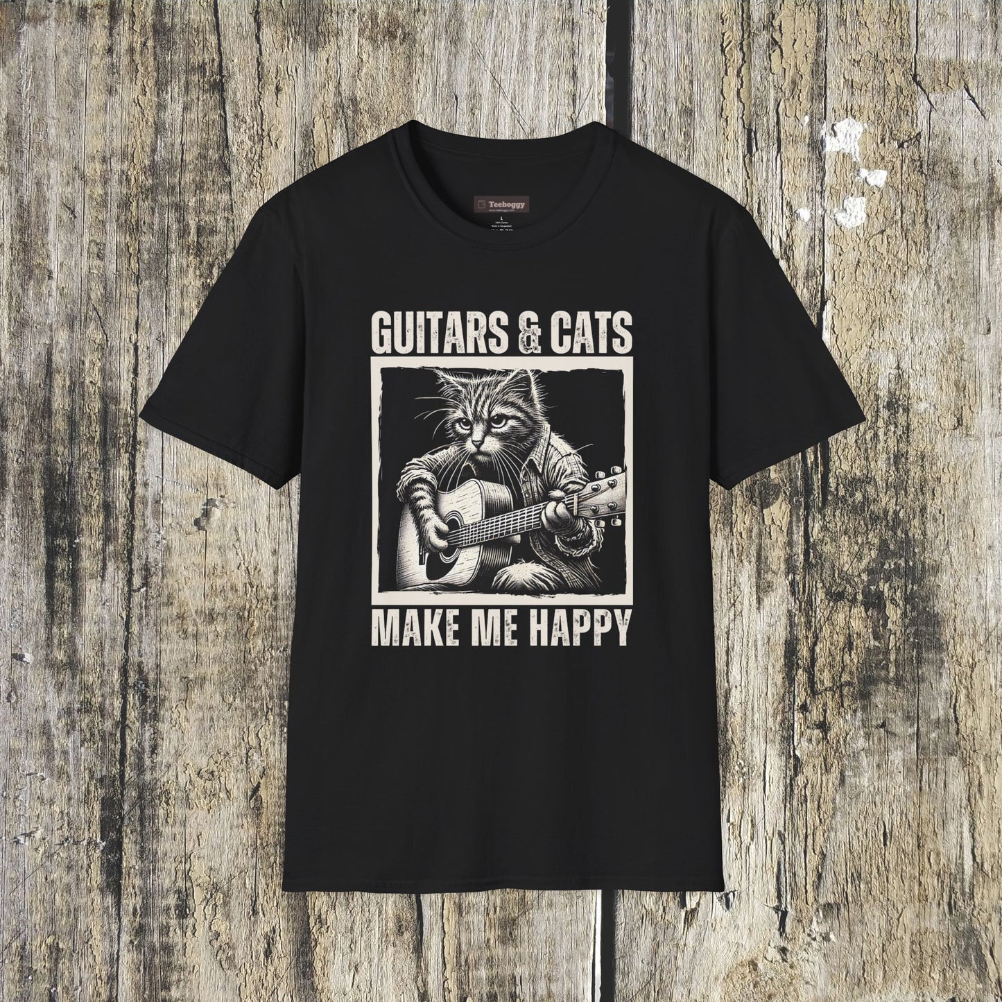 Guitars & Cats Make Me Happy T-Shirt — Cool Cat Playing Guitar Tee