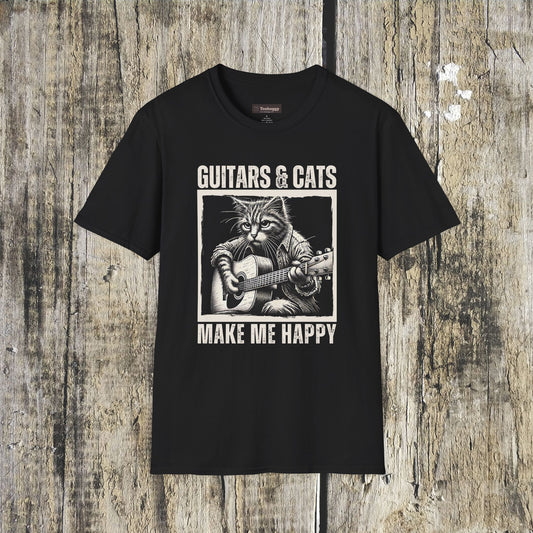 Guitars & Cats Make Me Happy T-Shirt — Cool Cat Playing Guitar Tee