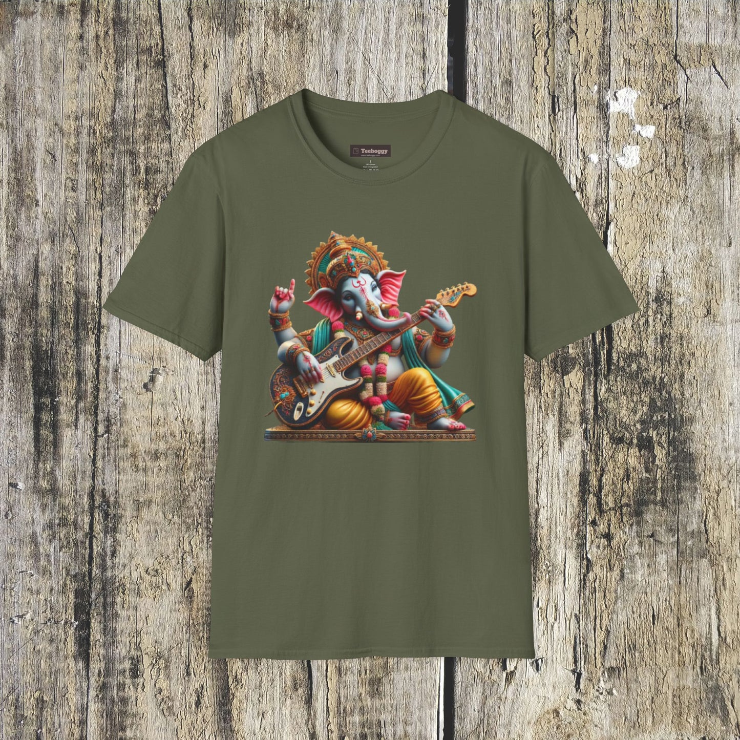 Ganesh Playing Electric Guitar T-Shirt — Woodstock Vibes Spiritual Rock Tee