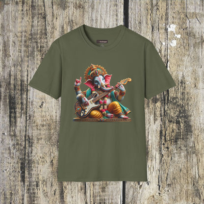 Ganesh Playing Electric Guitar T-Shirt — Woodstock Vibes Spiritual Rock Tee