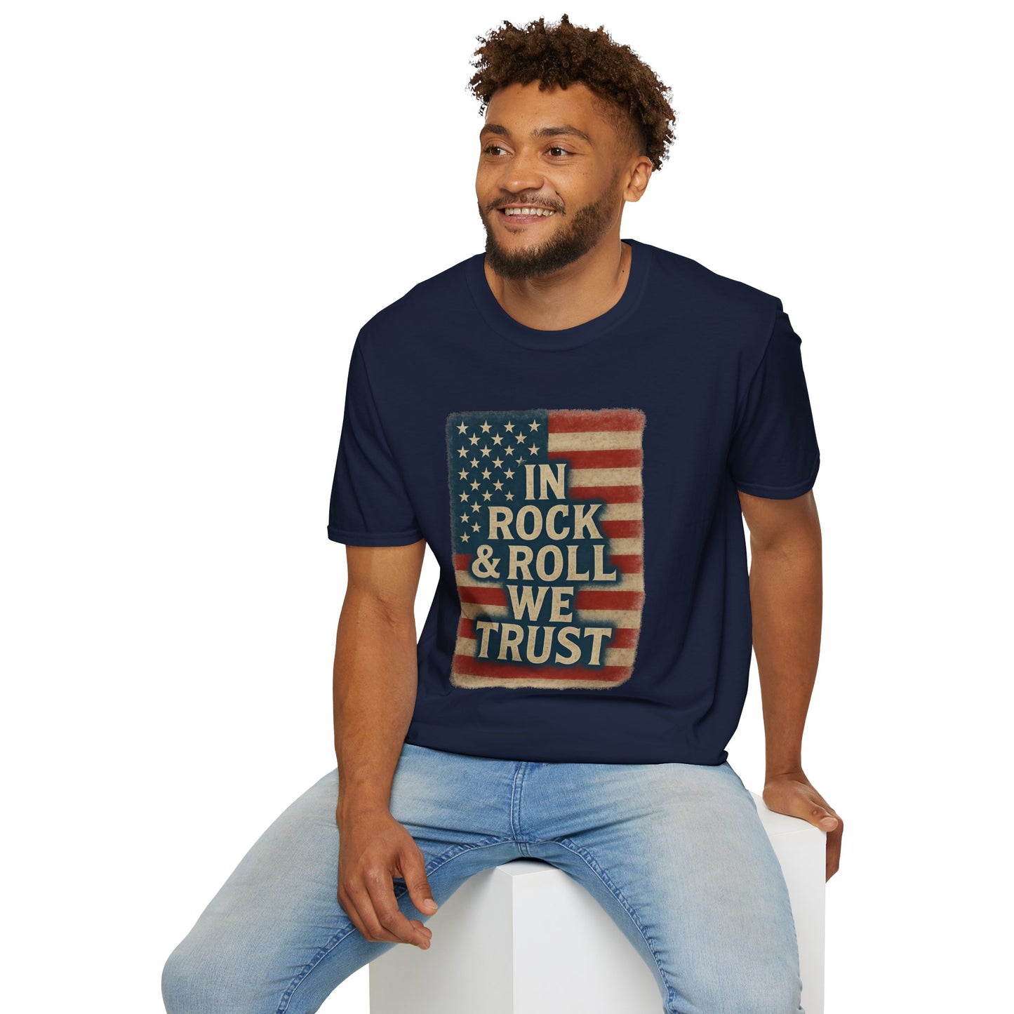 Rock & Roll T-Shirt — "In Rock & Roll We Trust" USA Flag Patriotic Tee