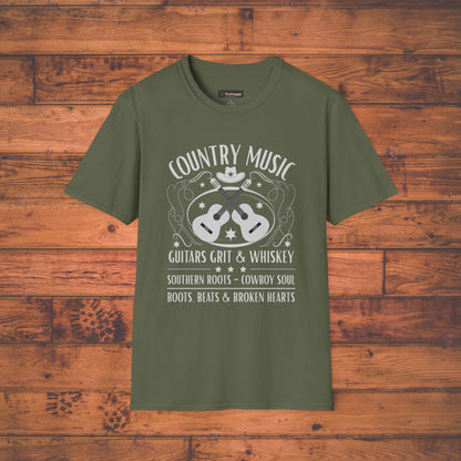Country Music Whisky Label T-Shirt — Guitars, Grit & Cowboy Hat