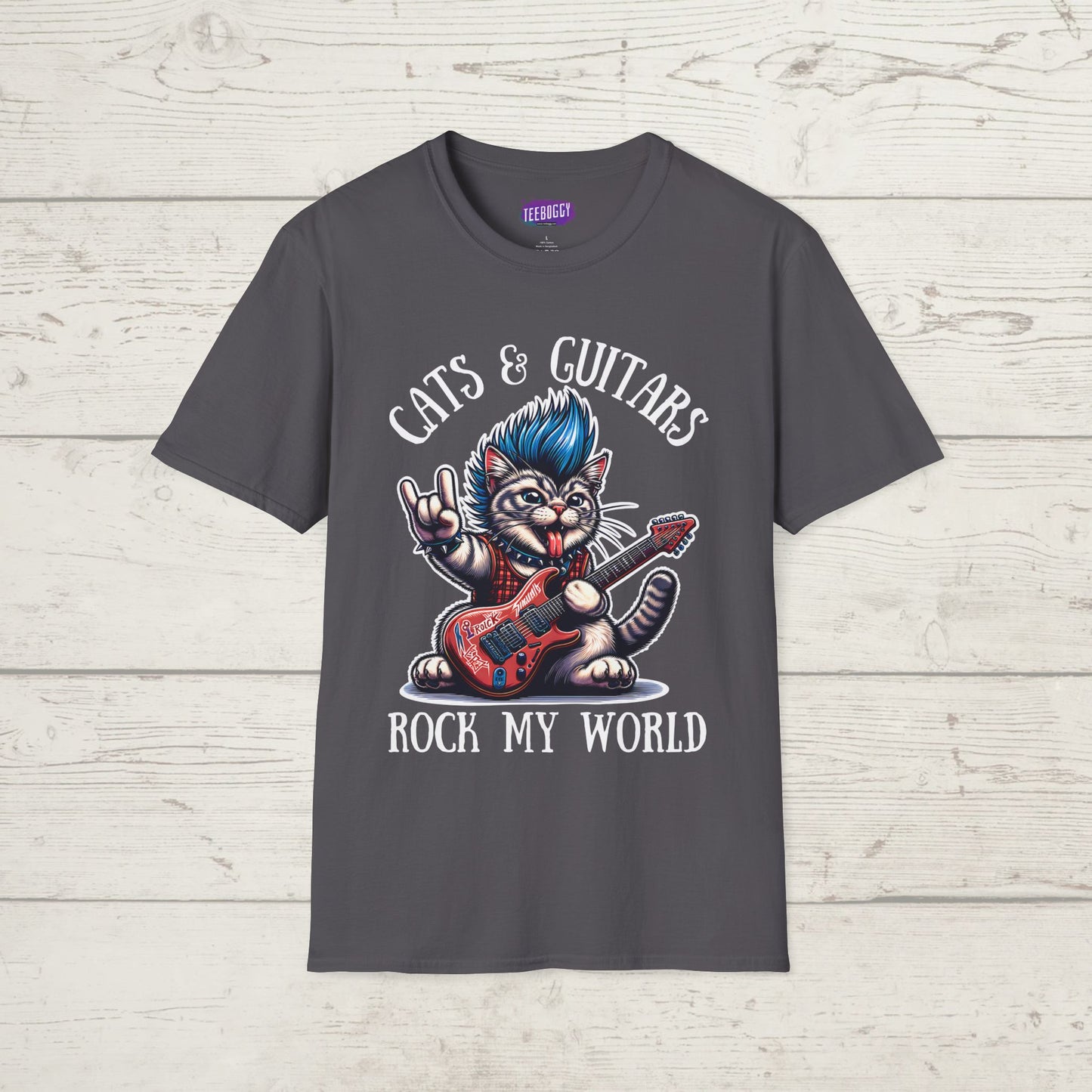 Rocker Cat T-Shirt with 'Cats & Guitars Rock My World' Slogan