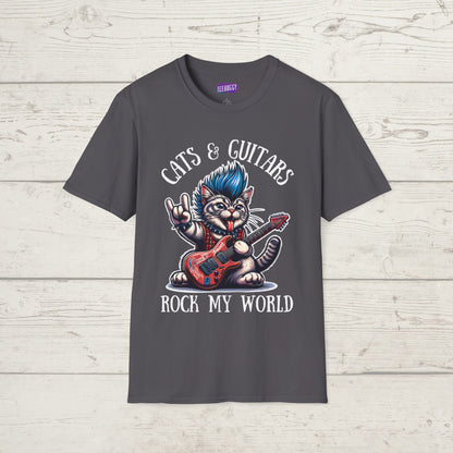 Rocker Cat T-Shirt with 'Cats & Guitars Rock My World' Slogan