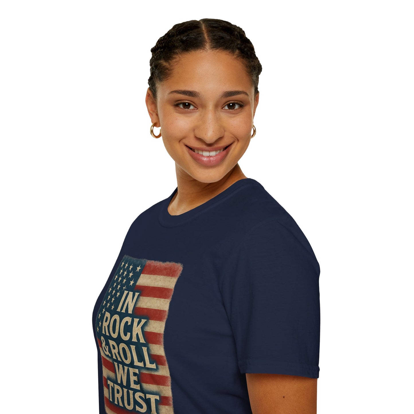 Rock & Roll T-Shirt — "In Rock & Roll We Trust" USA Flag Patriotic Tee