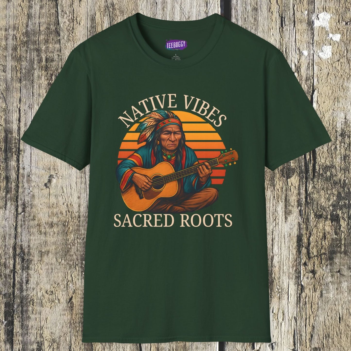 Native Vibes Softstyle T-Shirt with Elder Native American Playing Guitar