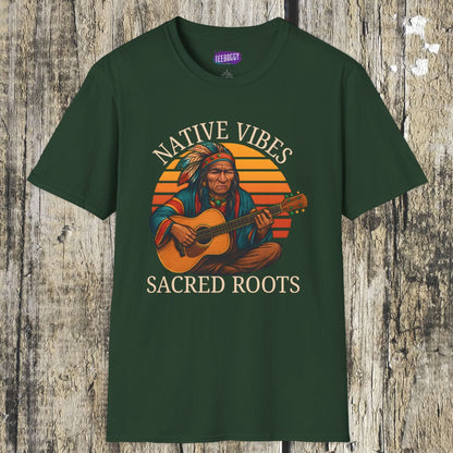 Native Vibes Softstyle T-Shirt with Elder Native American Playing Guitar