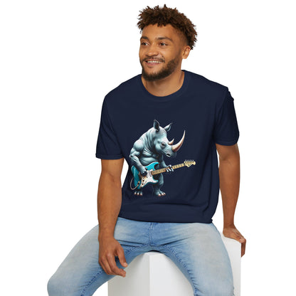 Rock Guitar Rhino T-Shirt — Rhinoceros Playing Electric Guitar Graphic Tee