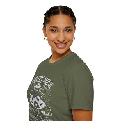 Country Music Whisky Label T-Shirt — Guitars, Grit & Cowboy Hat