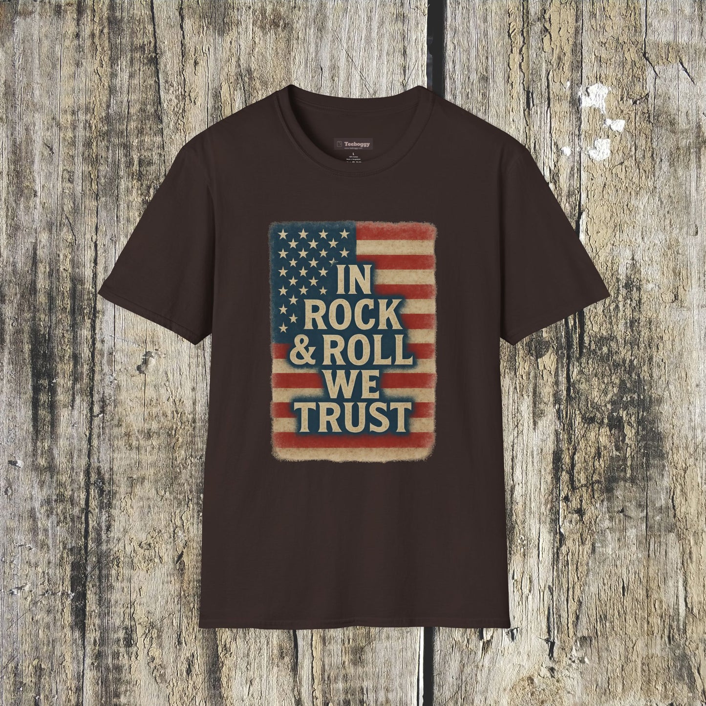 Rock & Roll T-Shirt — "In Rock & Roll We Trust" USA Flag Patriotic Tee
