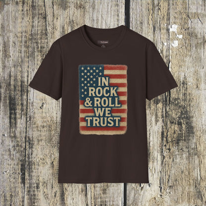Rock & Roll T-Shirt — "In Rock & Roll We Trust" USA Flag Patriotic Tee