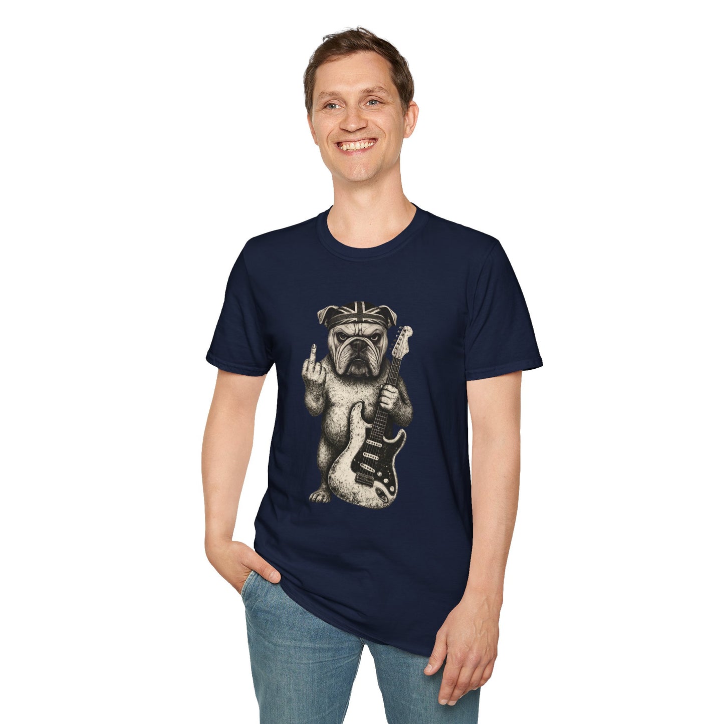 Bulldog Rock Rebel T-Shirt — Guitar-Slinging Middle Finger Design