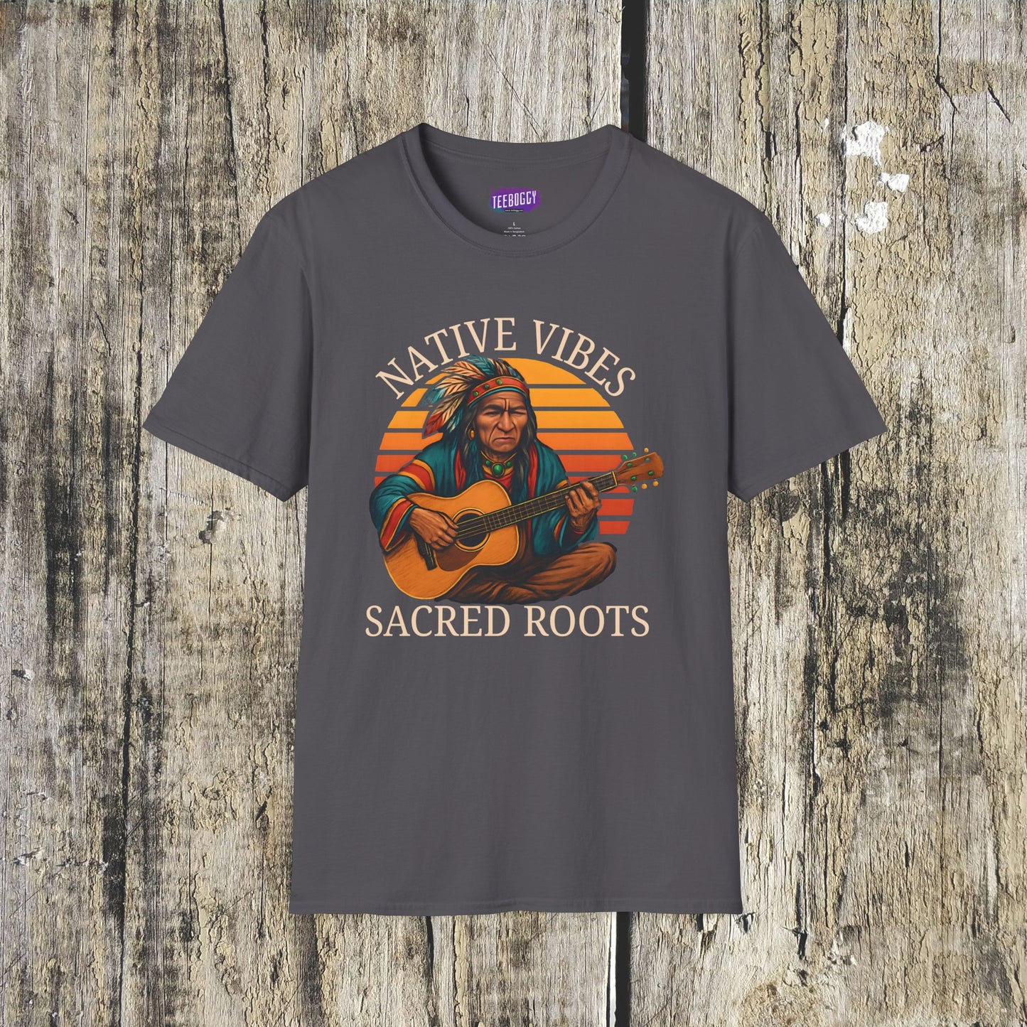 Native Vibes Softstyle T-Shirt with Elder Native American Playing Guitar