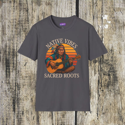 Native Vibes Softstyle T-Shirt with Elder Native American Playing Guitar