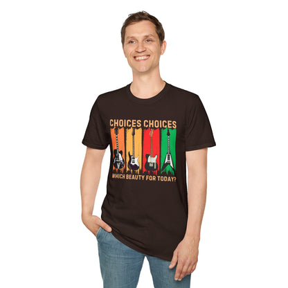 Rock Guitar T‑Shirt — "Choices Choices, Which Beauty for Today" Retro Guitar Types