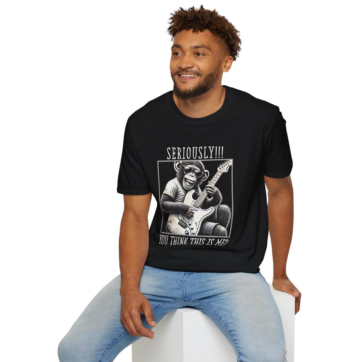 Chimpanzee Guitar T-Shirt — "Seriously!!! You Think This Is Me?"
