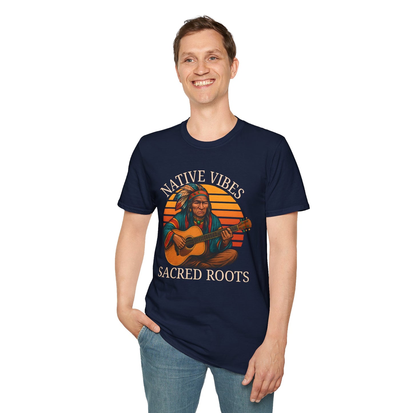 Native Vibes Softstyle T-Shirt with Elder Native American Playing Guitar